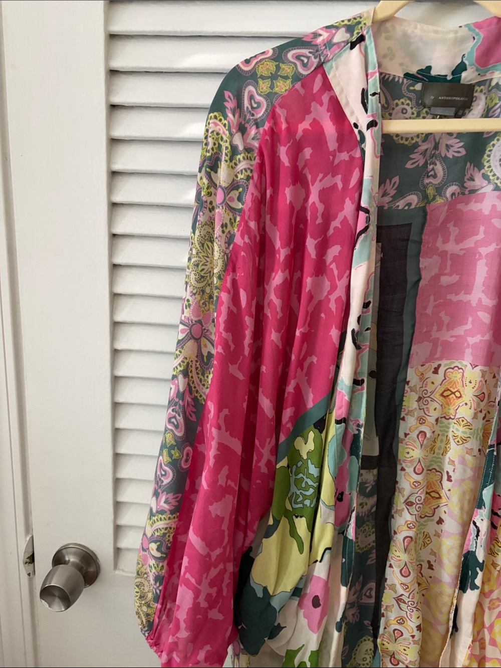 Anthropologie Silk Patchwork Kimono in Pink, Green & Cream - Picture 3 of 8